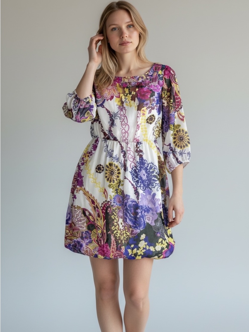 ECI White Floral Print 3/4 Sleeve Party Dress